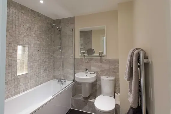 A spacious, modern bathroom