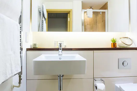 A polished bathroom in a standard studio
