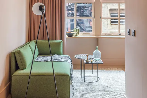 Enjoy a beautiful palette of pastel pinks and greys throughout