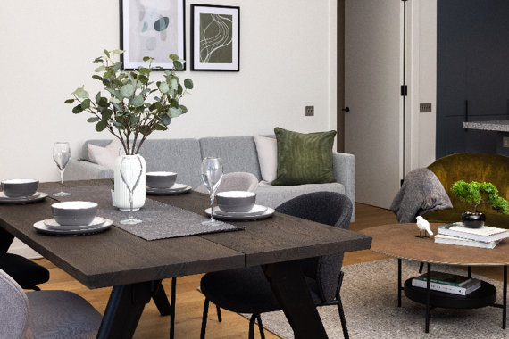 A calming and serene lounge area and dining table