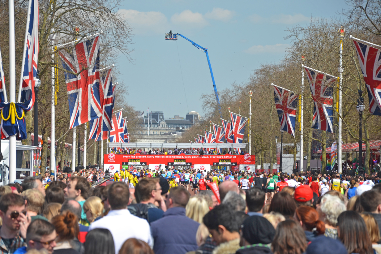 View down the Mall to the finishing line of the London Marathon in London, UK