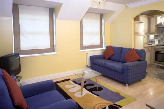 A bright living area with comfortable sofas