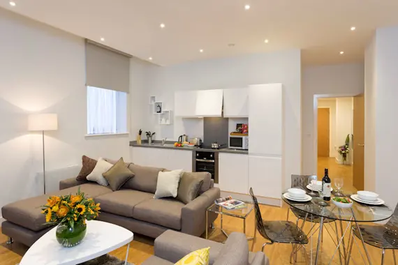 A beautifully furnished open plan living and kitchen area