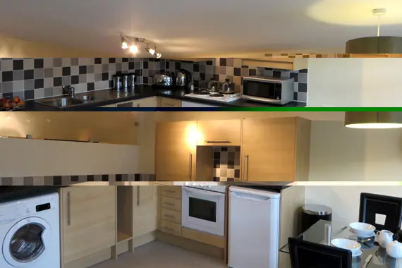 The open plan, light kitchen and dining area