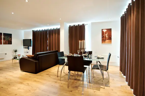 A spacious, contemporary living and dining area