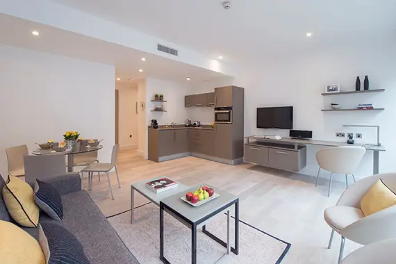 The spacious, modern living space in a premier one bedroom apartment