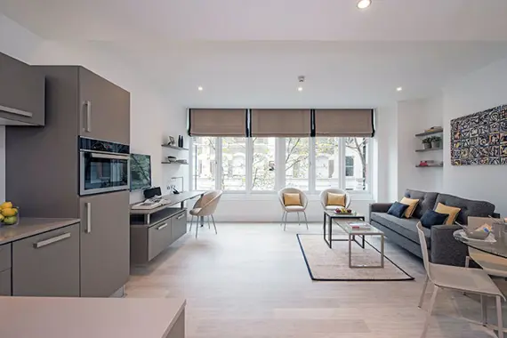 The gorgeous, open-plan living space in a premier one bedroom apartment