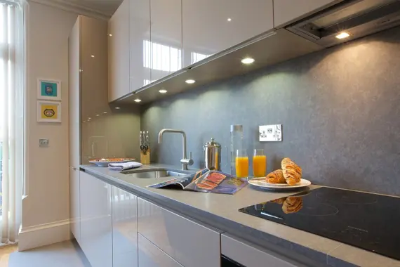 A smart, modern kitchen at West Kensington apartments