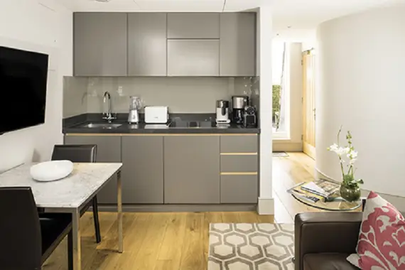 A cute, compact kitchen in the studio apartment