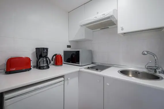 A cute, compact kitchen in a one bedroom apartment