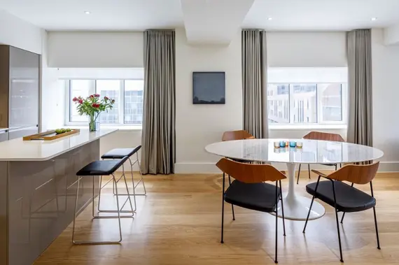 The amazing kitchen and dining area in the penthouse apartment