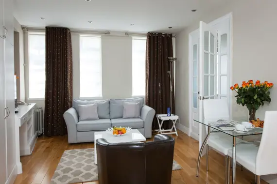 A cosy, modern small one bedroom apartment living space