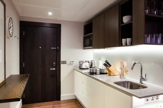 A chic kitchen in a studio apartment